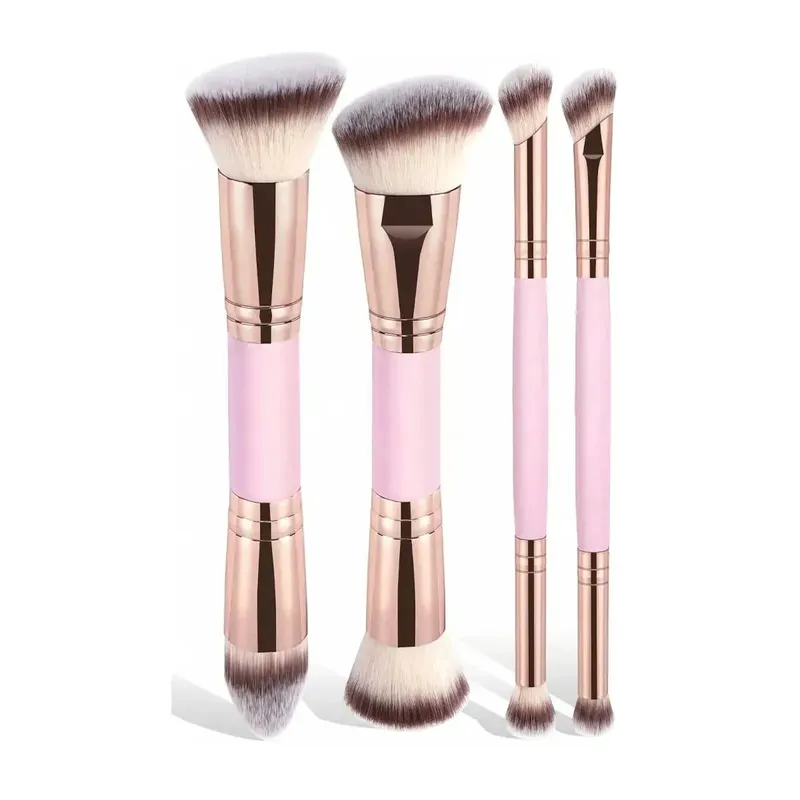 4Pcs Dual-Ended Makeup Brush Set Soft Synthetic Bristles Foundation Blush Powder Eyeshadow Brushes Portable Cosmetic Tools for