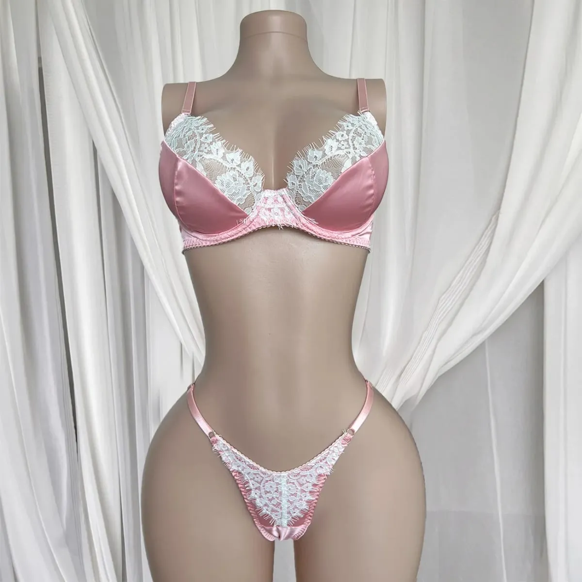 Ellolace conjuntos de lingerie feminina romântica coquette cetim renda sutiã tanga 2pc magro sensual quente traje doce juventude roupa interior da menina — image 6