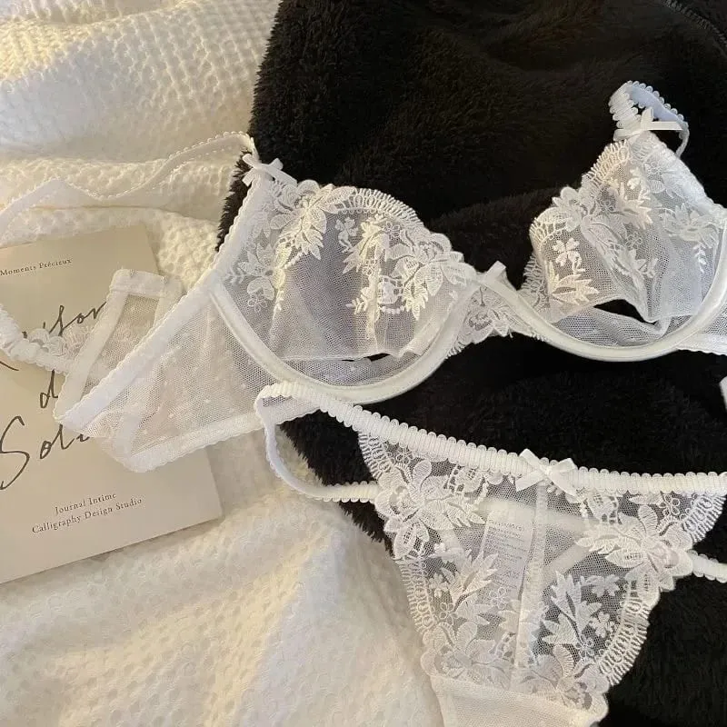 French Sexy Bra & Brief Set Lingerie Ultra-Thin See-Through Sexy Floral Lace Underwire Set Large Breasts Show Small Anti-Sag Bra — image 1