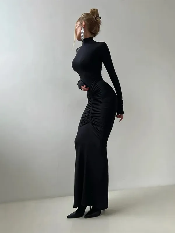 Sisterlinda Autumn New Style Long Dress Woman Turtleneck Full Sleeve Skinny High Stretch Daily Casual Fashion Elegant Vestidos