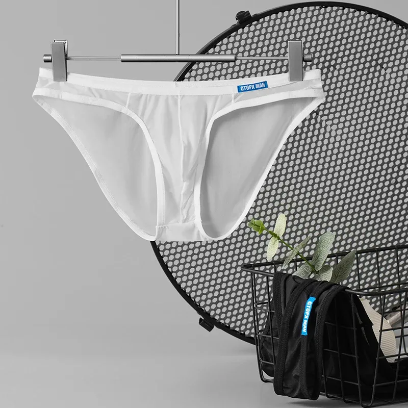 Men's Sexy Underwear Thin Ice Silk Translucent Briefs U Pouch Ropa Interior Hombre Male Panties — image 4