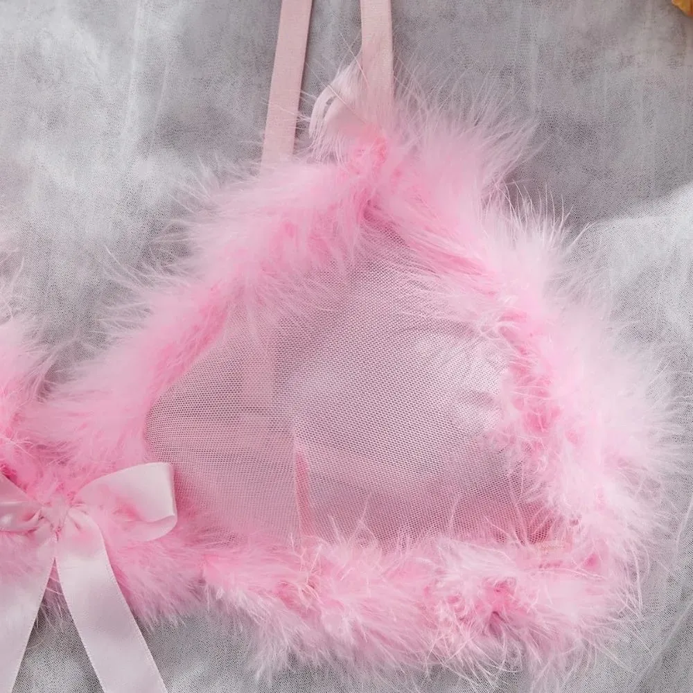 Christmas Furry Women's Underwear Wireless Mesh Transparent Lingerie Set Romantic Intimate Bow Decor Bra Panties Suit Home — image 5
