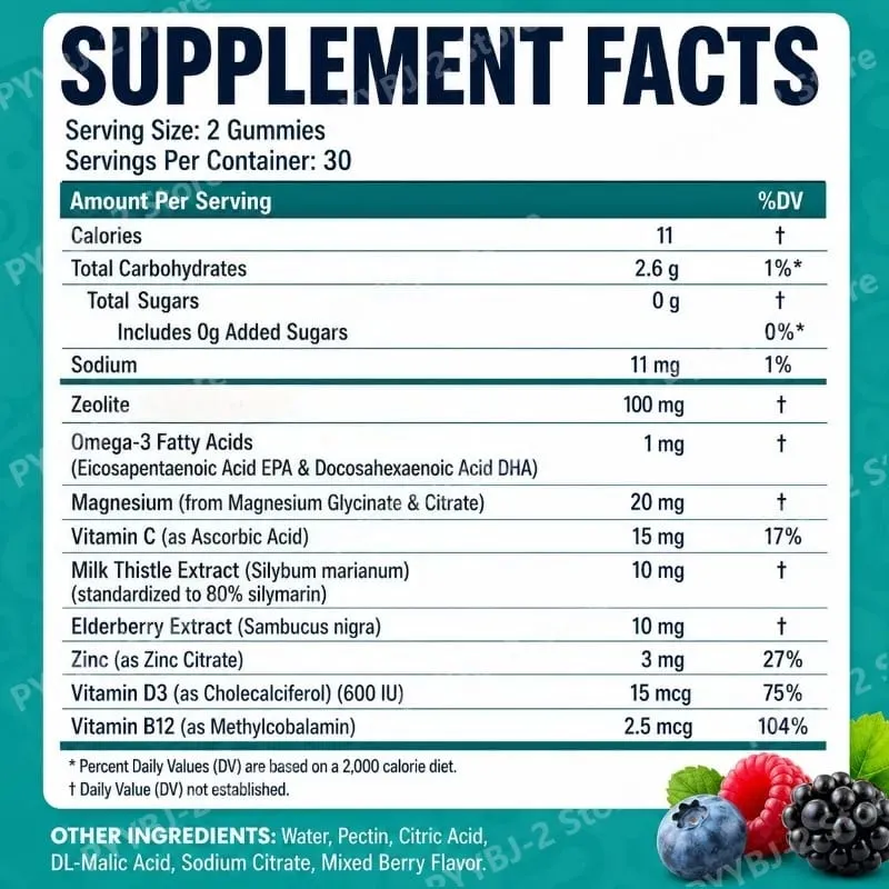 Zeolite Gummies 60 Count Chứa Vitamin Tổng Hợp Omega-3 Magiê và Elderberry Hỗ Trợ Giải Độc & Sức Khỏe Hệ Miễn Dịch — image 4