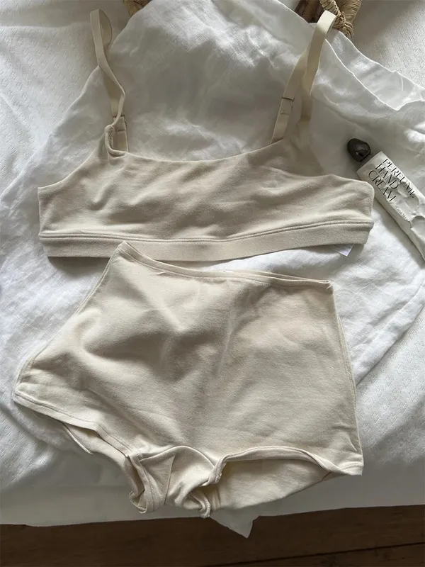 Solid Cotton Sport Set Woman Adjusted-strap Seamless Bras+Low Waist Boxer Briefs Casual Simple High Elasticity Lingerie Sets — image 4