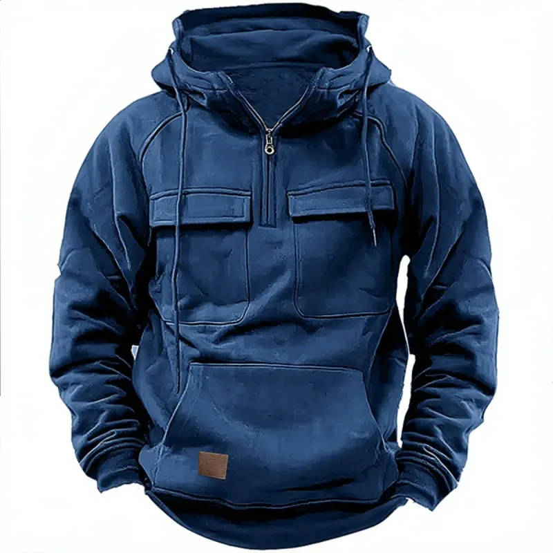 Novo outono-inverno masculino com capuz de cor sólida casual hoodie-moda jovem homem multi-bolso remendo moletom com capuz pulôver camisa — image 4