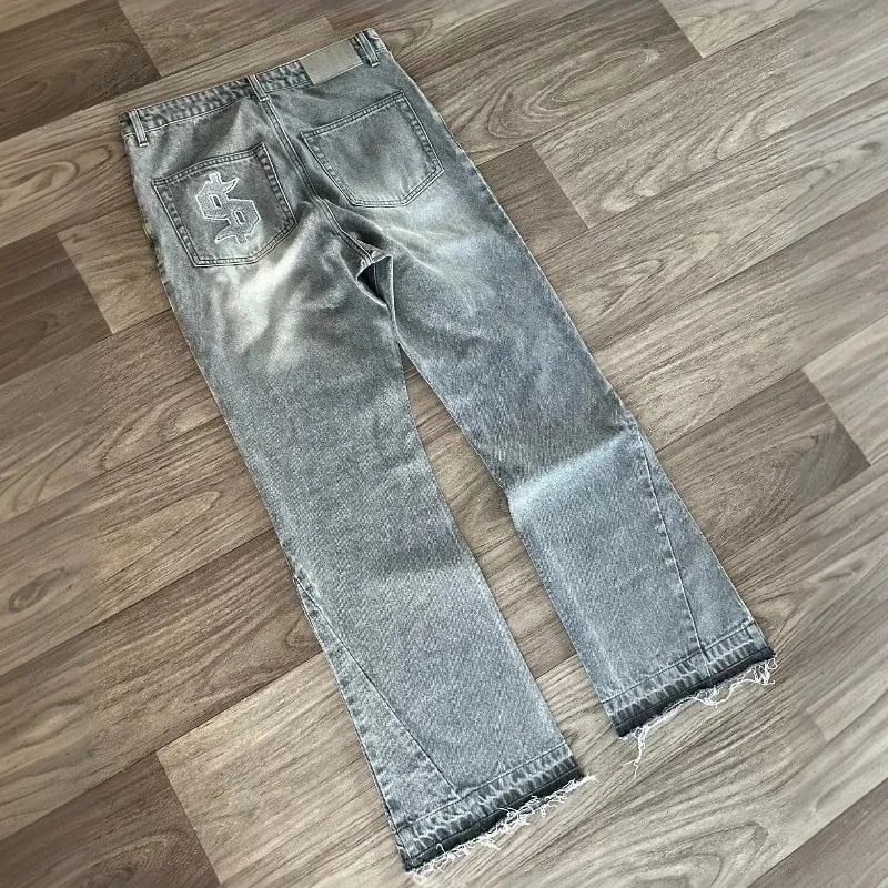 Y2K Retro Jeans Light Color Dollar Pattern Embroidery Splice Denim Pants Gothic Hip Hop Streetwear Men Women Fashion Baggy Pants — image 1