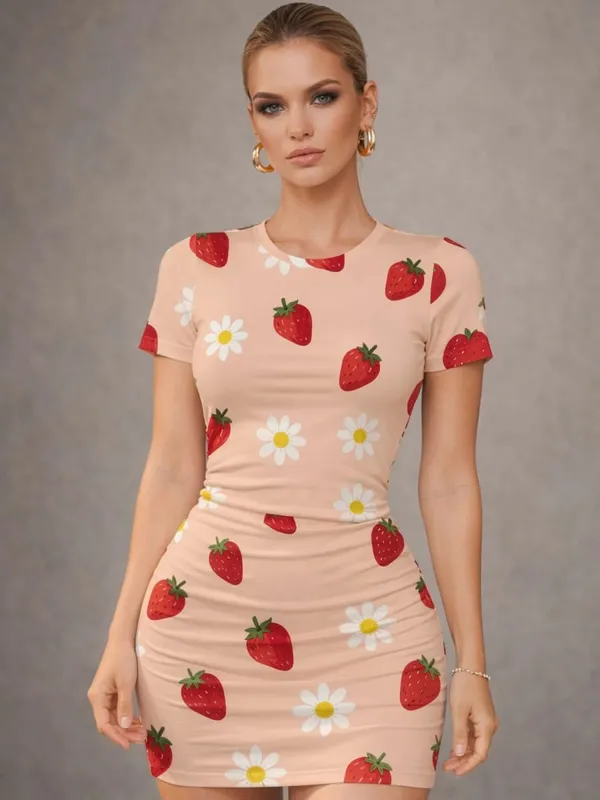 Womens Short Sleeve Bodycon Mini Dress Slim Fit Crew Neck Floral Print Casual Summer Party Cute Trendy Elegant Vacation Sundress — image 14
