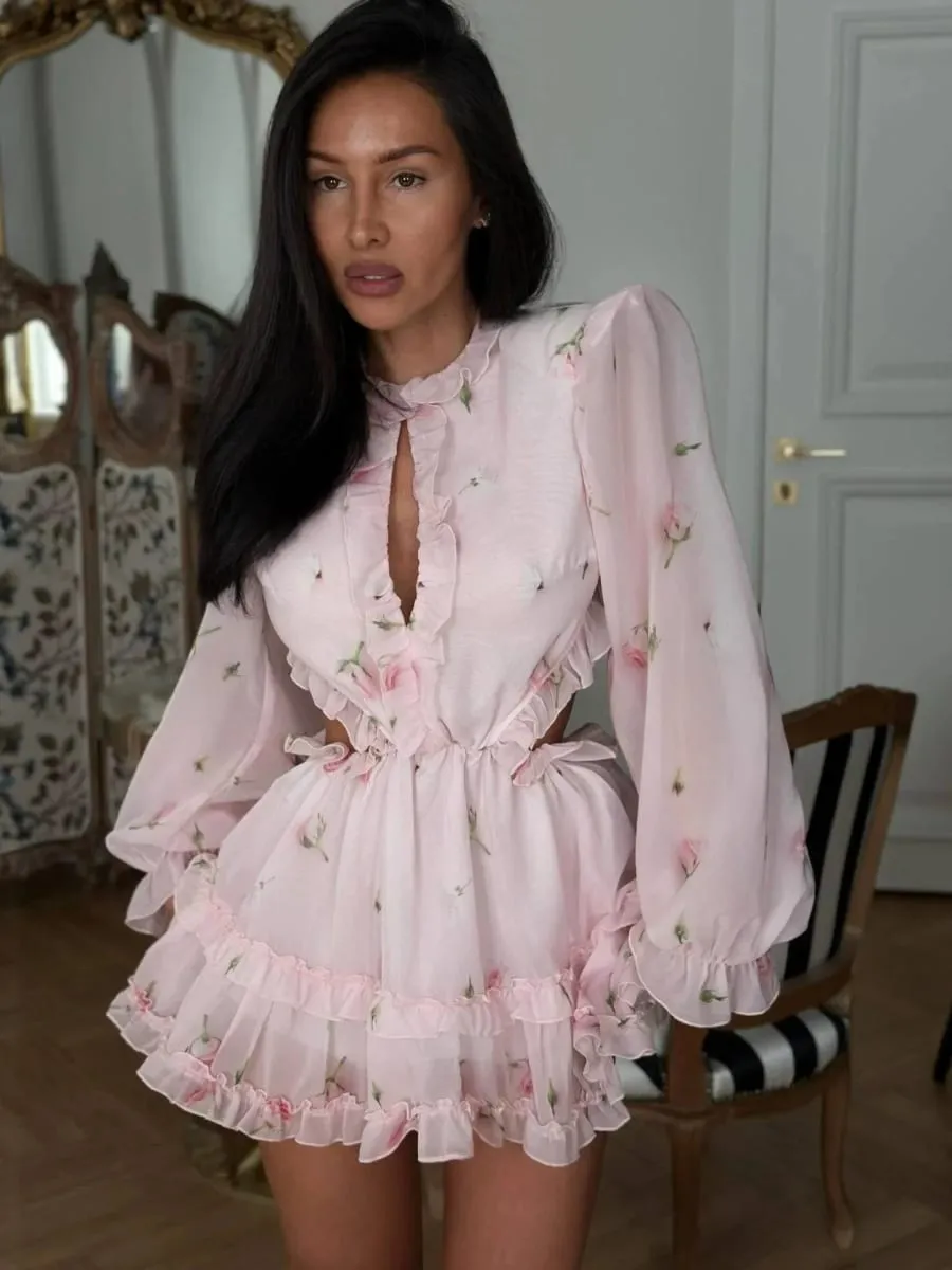 Women Pink Floral Print Chiffon Mini Dress Puff Sleeve Backless Cut Out Waist Tiered Ruffle Hem Dresses 2026 Casual Party Gown — image 3