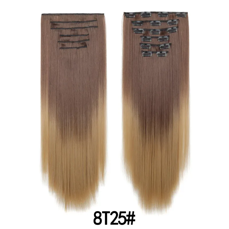 6 pçs 24 polegada ombre cor clip-in extensões de cabelo longo sintético em linha reta hairpieces em camadas macio invisível clip ins extensões — image 13