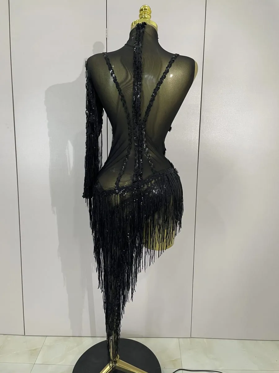 Novo brilhante strass borla sexy transparente vestido feminino um ombro roupas de dança latina bares boate festa palco traje — image 3
