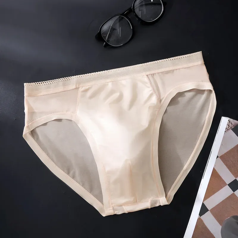Male Glossy Silk Satin Briefs High Rise Lace Trim Ice Silk Underwear Soft Breathable U Pouch Men Panties — image 18