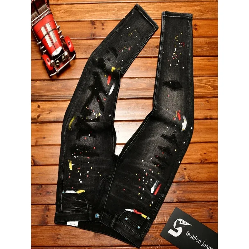 High-End Vintage Ripped Jeans for Men Slim Fit Trendy Paint Print 2025 Autumn and winter casual trendy long pants — image 4