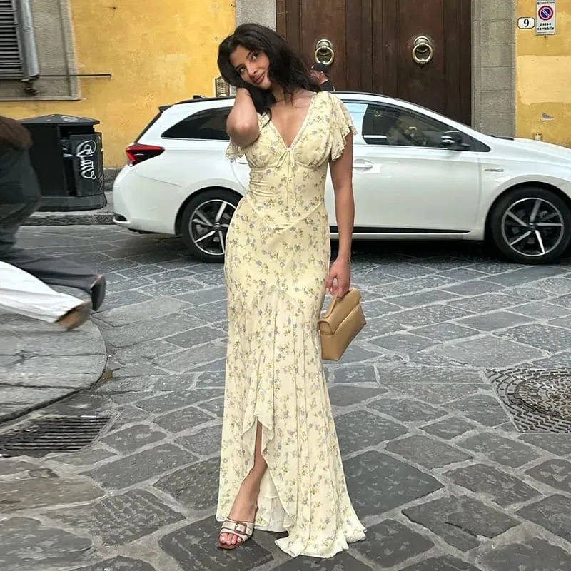 Elegant Women's Floral Print Dresses Single Breasted Slit Maxi Dresses Bodycon Party Evening Formal Gown 2026 New Outfit — image 13