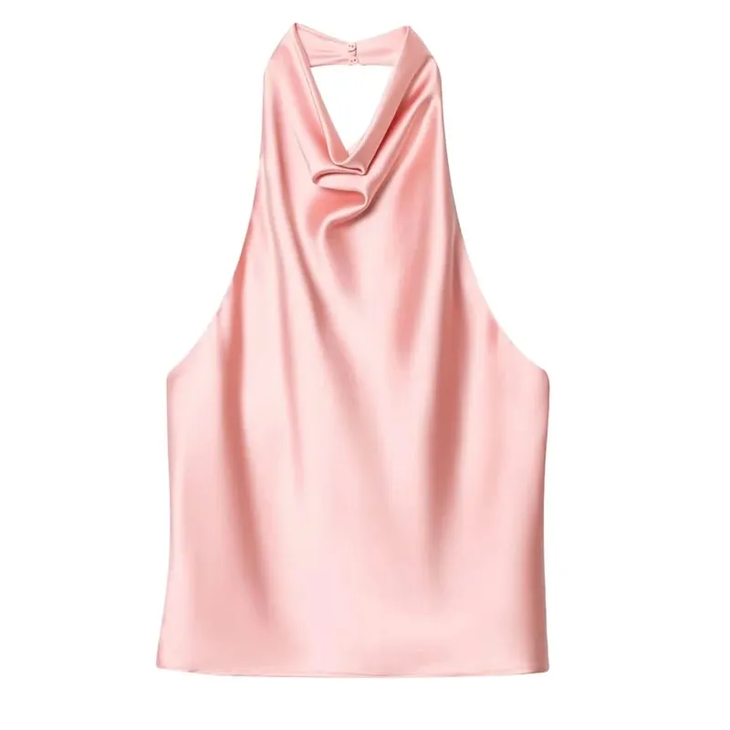 Women's Tanks Halter Top Women Sleeveless Green Crop Tops Summer Satin Party Evening Top Backless Sexy White Black Top — image 5