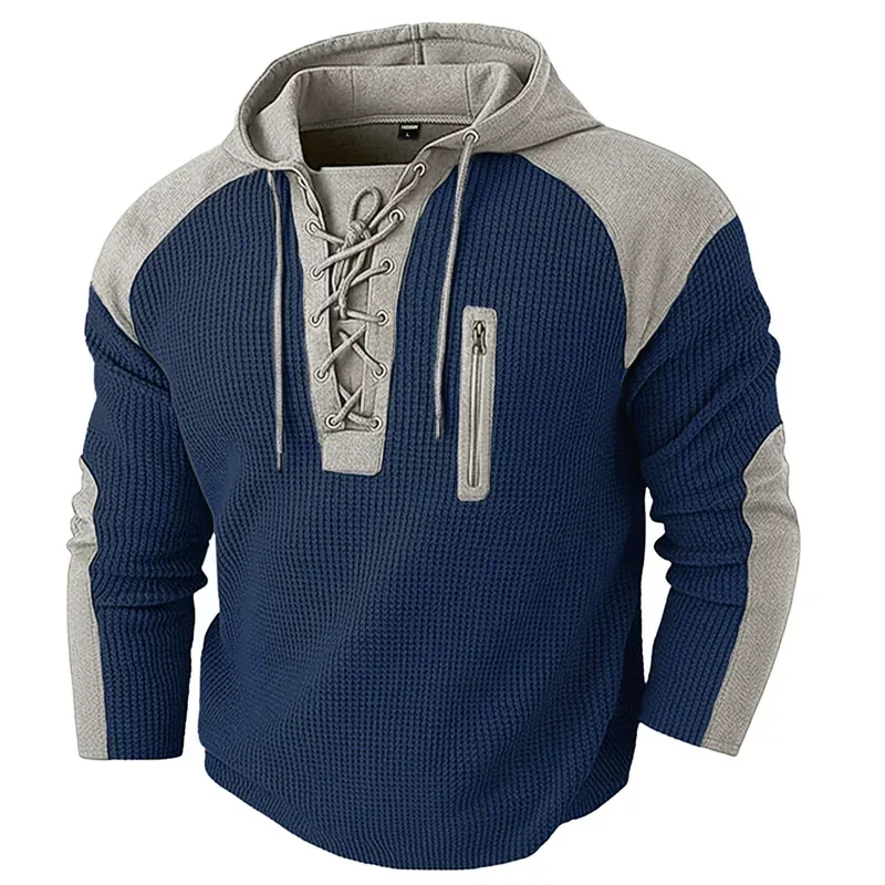 Spring Autumn Men's Casual Hooded Sweatshirt Vintage Patchwork Casual Sports Sweatshirts Mlae Fashion Drawstring Pullover Hoodie — image 4
