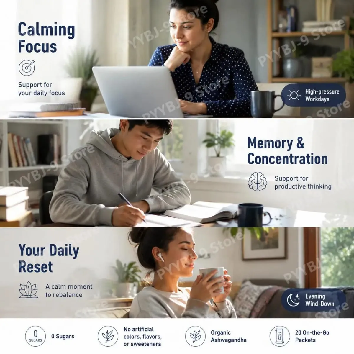 Calming Powder Drink Mix with L-Theanine Focus Memory Concentration & Cognitive Support Healthy Cortisol Balance 20 Packets — image 4