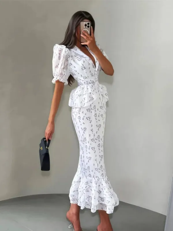 White Pink Floral Choker Neck Dress Women Elegant V-neck 3/4 Sleeves Peplum Ruffle Hem Long Dresses 2026 Lady Daily Vestidos New — image 12