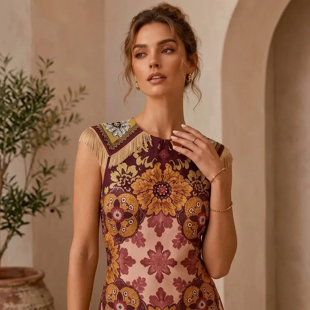 Vintage Bohemian Scarf Print Midi Dress Women Elegant Floral Sleeveless Wrap Dress Summer Asymmetrical Handkerchief Hem Fringe — image 6