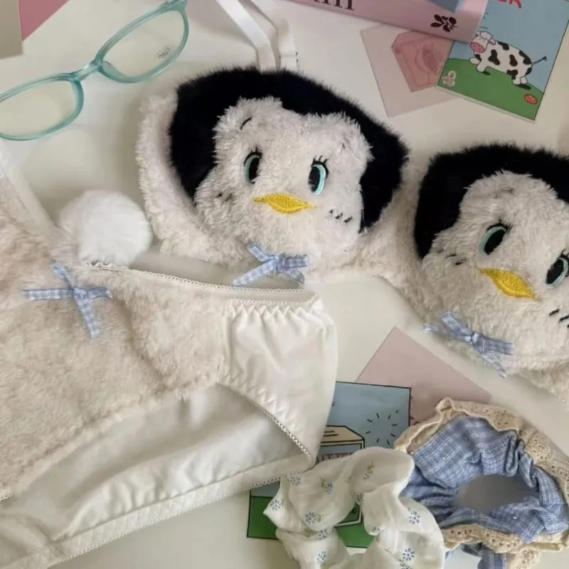 Conjunto de calcinha e sutiã de pelúcia peludo feminino, estampa de panda de desenhos animados, lingerie de inverno, menina escolar, anime japonês, roupa íntima cosplay — image 7