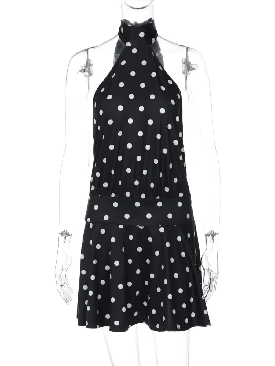 Hugcitar polka dot print halter sem mangas sem costas bandagem sexy magro mini vestido de verão moda feminina roupa festa férias — image 6