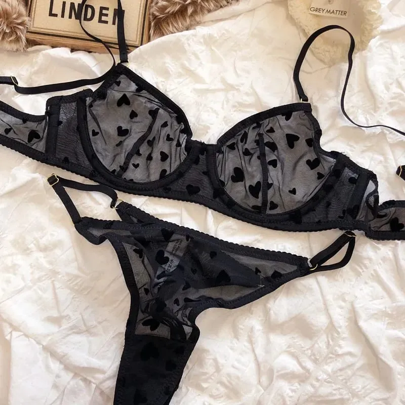 2 peças conjunto de lingerie sexy ultra fino respirável sutiã para mulher push up sutiã conjunto verão malha romântico pêssego coração íntimos — image 6