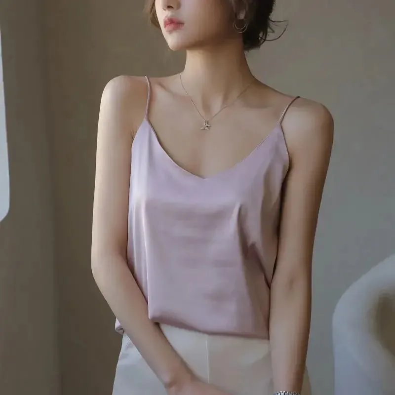 Women Halter V Neck Basic White Cami Spaghetti Strap Top Sleeveless Satin Silk 2026 Tank Tops Women'S Summer Camisole — image 20