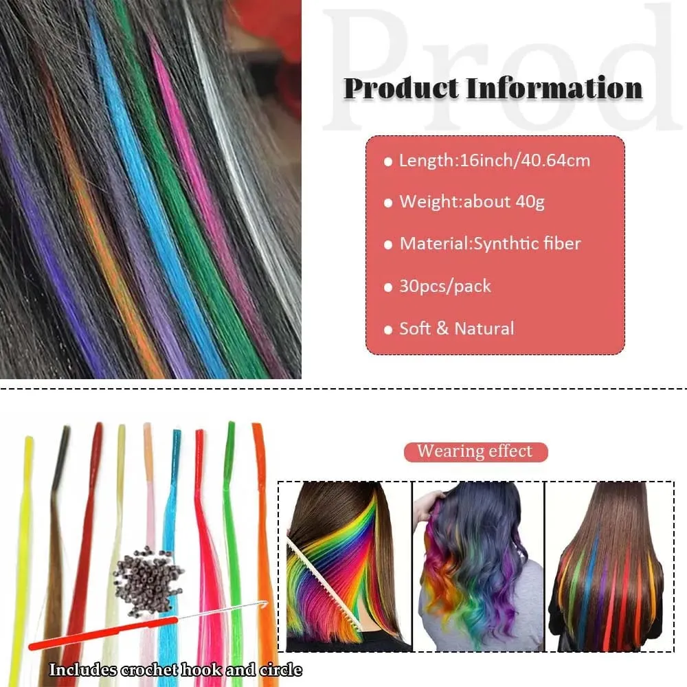 30pcs Colored Hair Extension 16-Inch I-Tip Synthetic Extensions. This long-style kit for women includes beads and a crochet tool — image 4