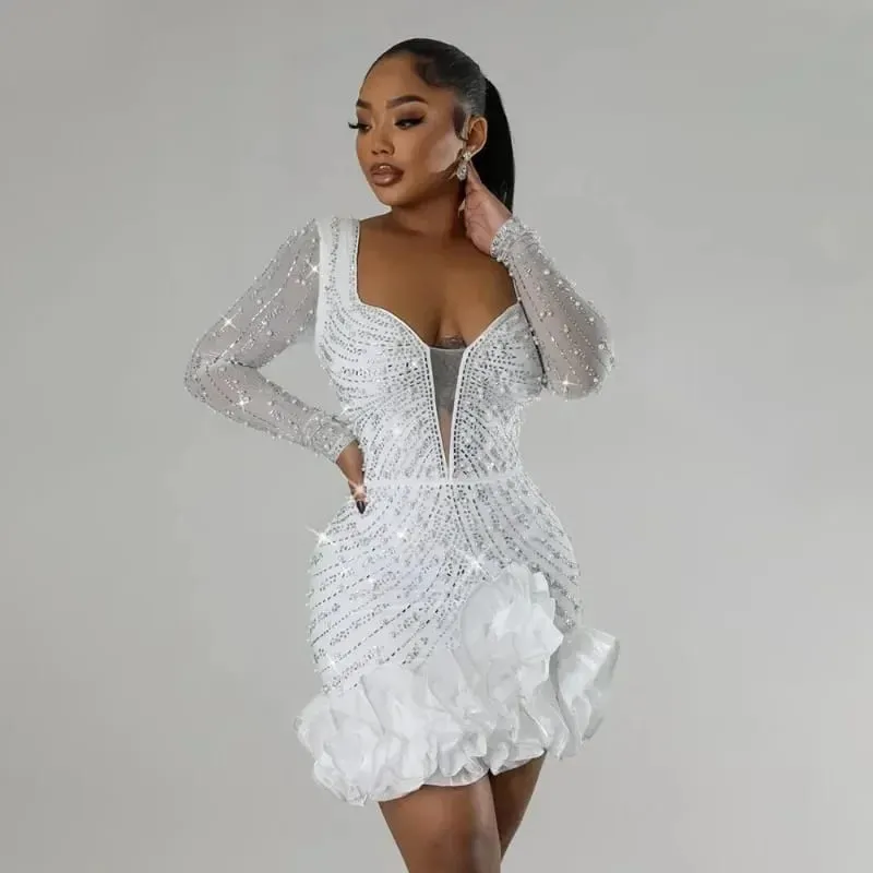 2025 Party Dresses Beading Diamond Long Sleeves Ruffles para sa mga kababaihan Makintab Elegant Wedding Guest Gown Okasyon Ipagdiwang ang Kaarawan — image 3