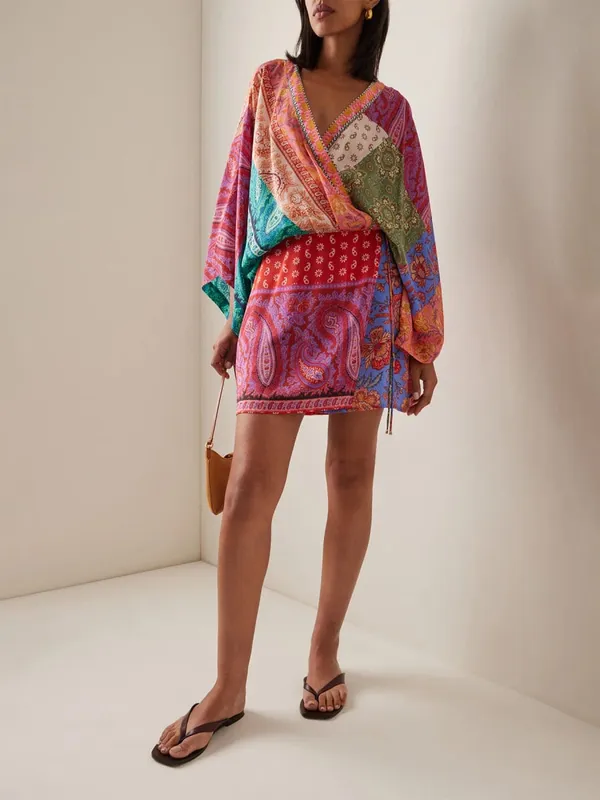 Bohemian Color Block Paisley Print Kimono Wrap Mini Dress Women V Neck 3/4 Sleeve Beach Cover Up Casual Short Dresses Summer 202 — image 6
