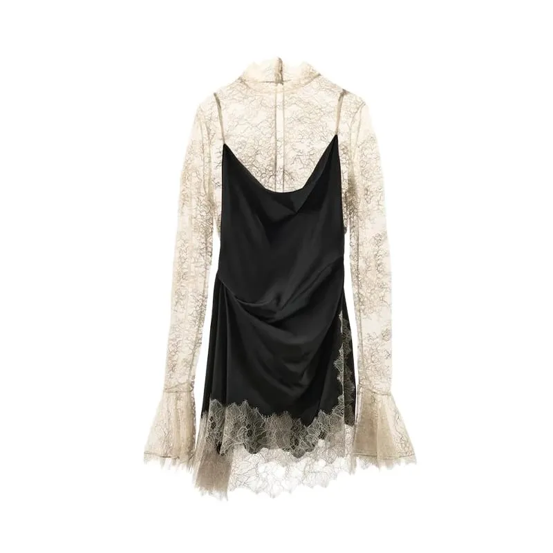 Elegant satin blommig spets patchwork miniklänning för kvinnor oregelbunden fåll långärmade klänningar dam 2026 Chic kvällsfest Vestidos
