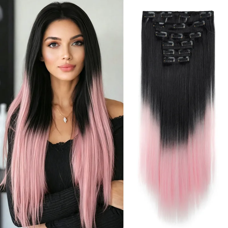 6 pçs 24 polegada ombre cor clip-in extensões de cabelo longo sintético em linha reta hairpieces em camadas macio invisível clip ins extensões — image 1