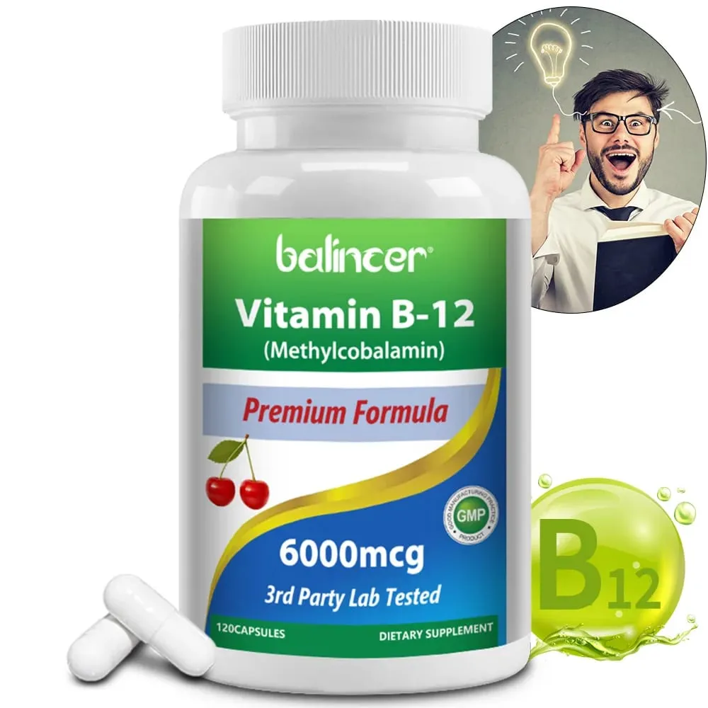 Vitamin B12 Supplement 6000mcg - Energy Brain Memory Mood Heart Function Nervous & Immune System Support 30/60/120 Capsules — image 2