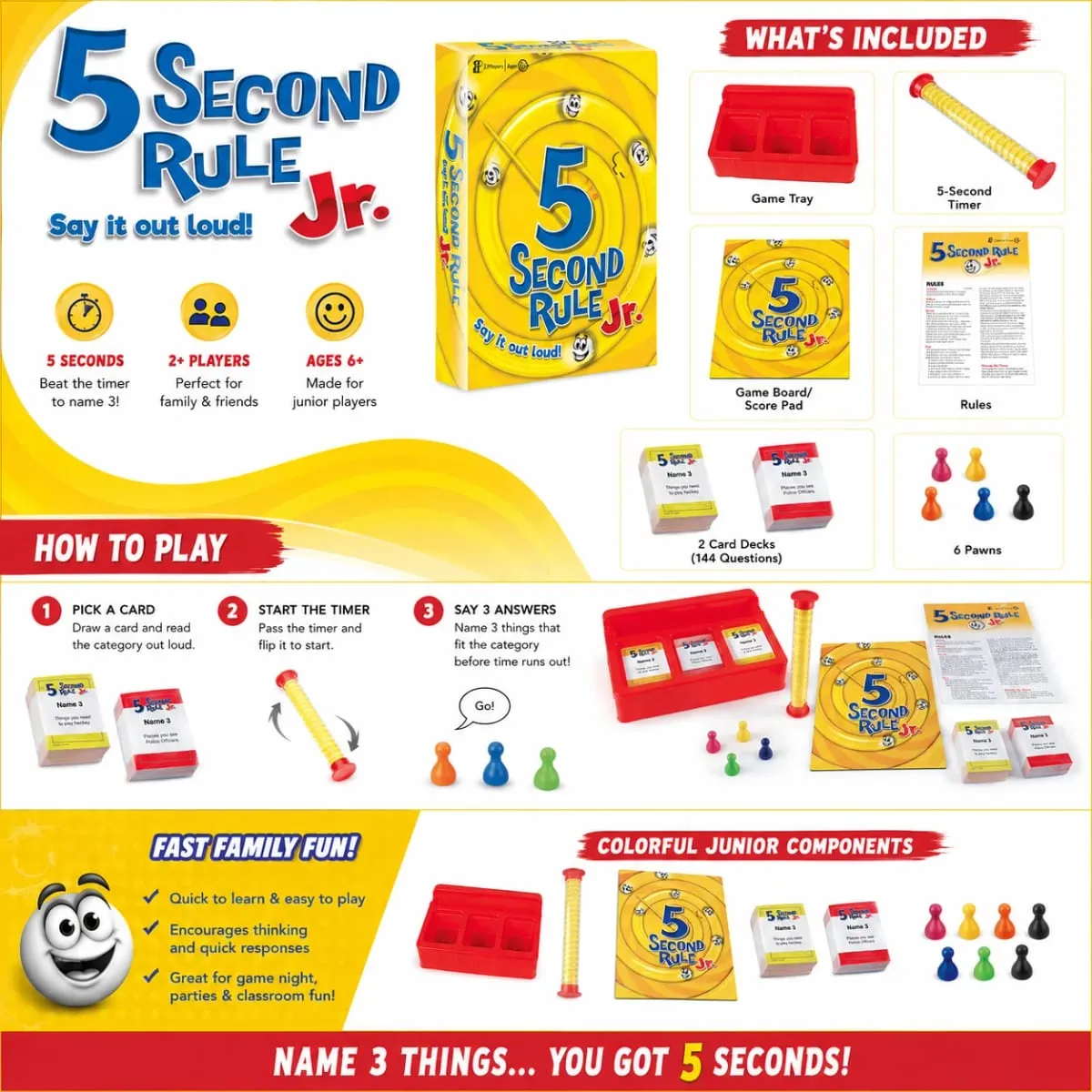 5 Second Rule Jr Kids Fast Thinking Trivia Card Board Game with Timer Family Party Educational Brain Teaser English Version — image 4