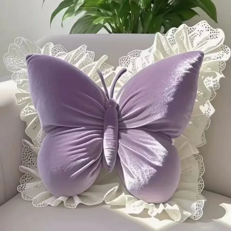 Butterfly Plush Pillow Lace Decor Waist Cushion Soft Fluffy Throw Pillow For Home Car Bedroom Sofa Decor Birthday Gift For Women — image 3