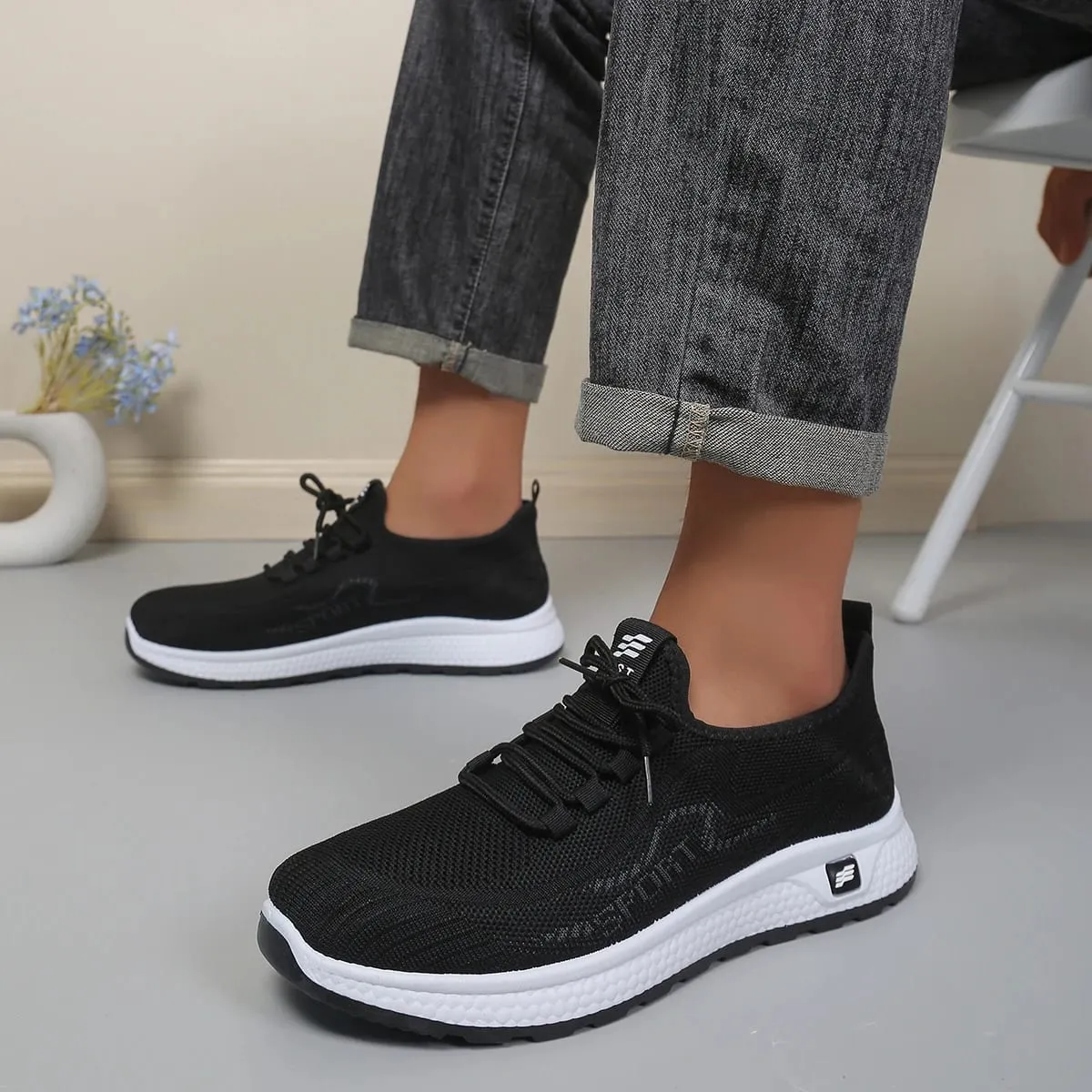 Minimal Solid Hue Men Mesh Lace-Up Footwear Fine Hollow Perforated Knit Upper Bump Carved Black Outsole Versatile Trainer — image 3