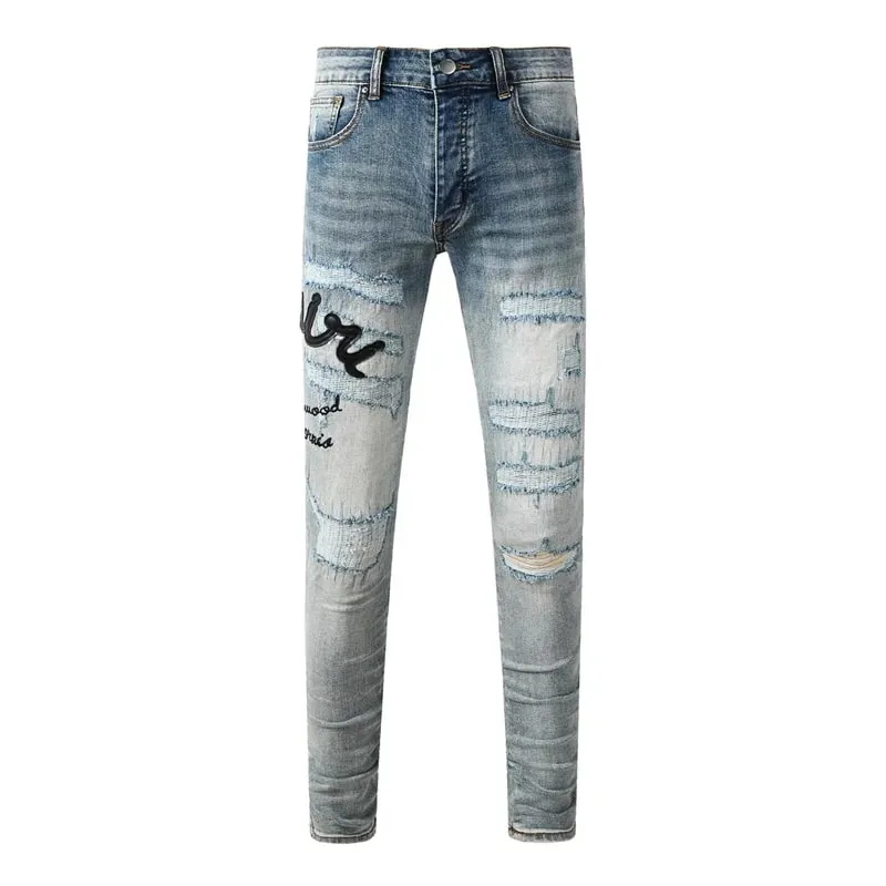 Fashion Americans Brands Men's Jeans Luxury Streetwear Holes Long Trousers Quality Male Stretch Slim Pants Skinny Trousers — image 16
