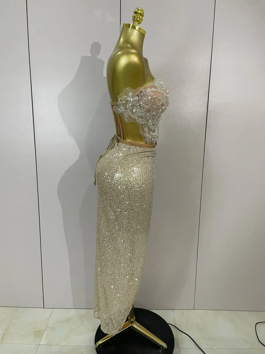 Brilhante lantejoulas miçangas sexy sem alças duas peças conjunto feminino noite celebrar boate festa de luxo vestido de aniversário traje de palco — image 4