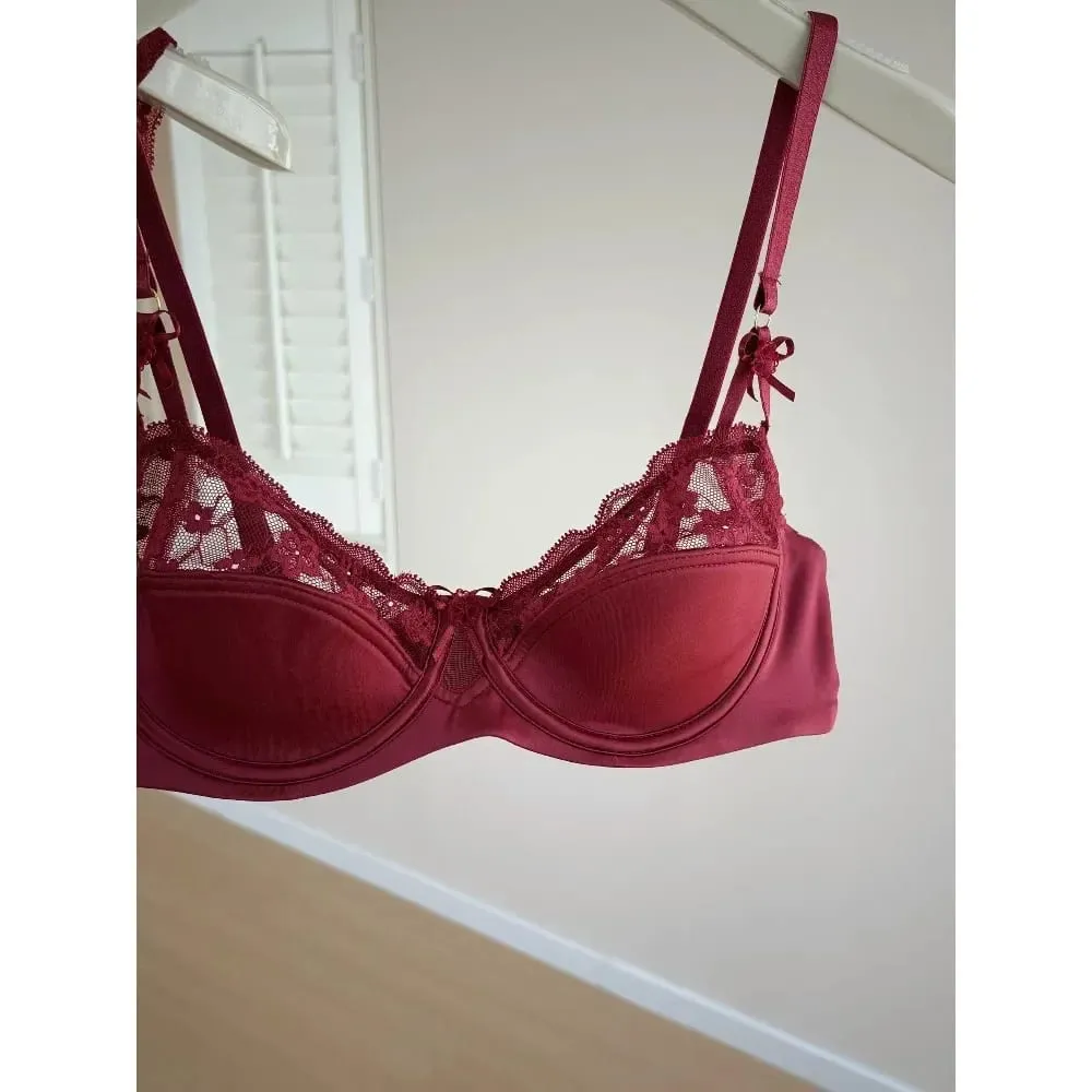 Red Lace Satin Bra Set Half Cup Thin Push‑Up Less Show Big Chest Sexy French Lingerie Women Underwear 32‑38 — image 4