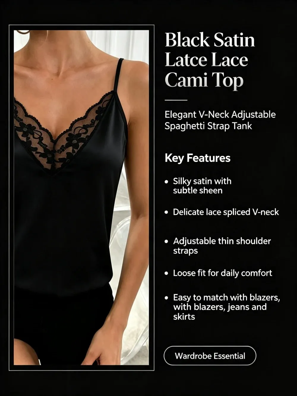 Women's V Neck Black Lace Splicing Camisole Sling Tank Top Spring Summer Sexy Casual Everyday Home Versatile Camisole Top — image 8