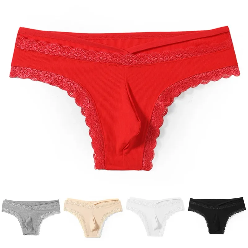 Herr Spetskant Sissy Gay Seamless Trosor Underkläder Medel midja Bulge Pouch Underkläder Solid Herrunderkläder med spetskant — image 7