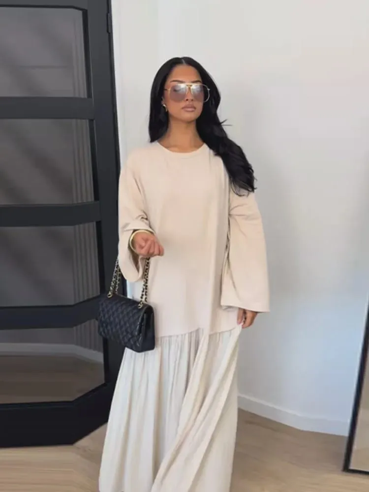Solid Color Loose Fit Flare Sleeve Tiered Dress Crew Neck Ruffle Hem Pleated Long Maxi Dresses 2026 Spring Chic Casual Outwear — image 7