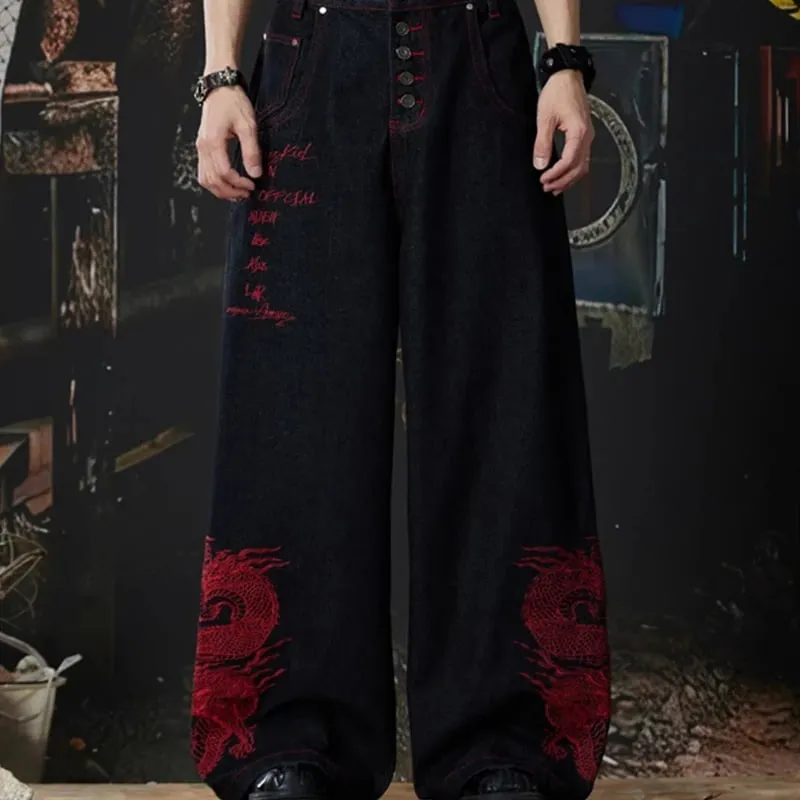 2026 New Side Red Dragon Embroidery Baggy Jeans For Men Y2K Streetwear Punk Fashion Denim Pantalones American Retro Hip Hop Jean — image 5