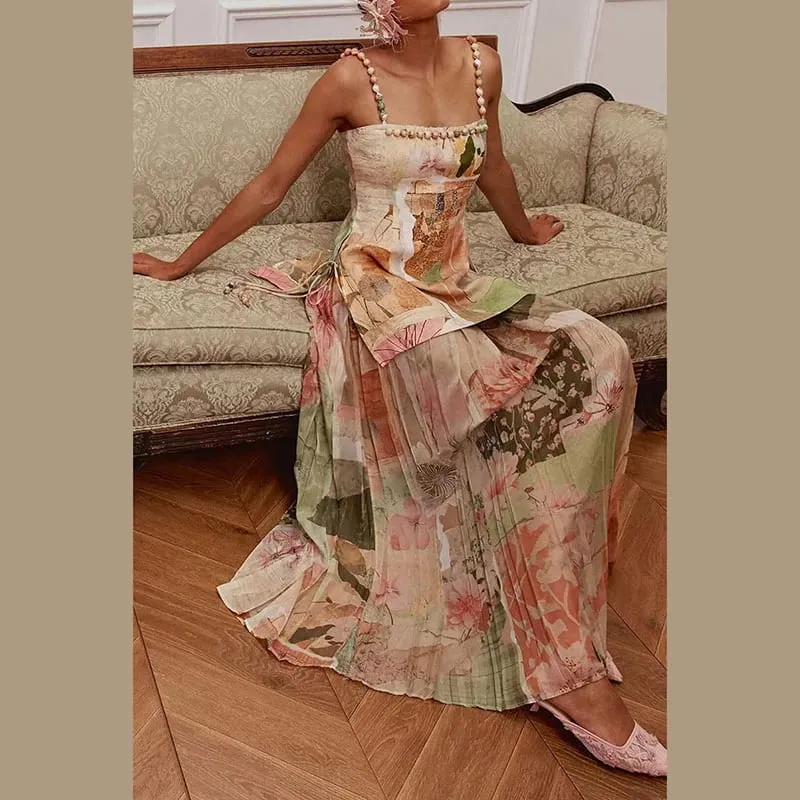 Sexy Printed Beaded Long Women's Dress Patchwork Sleeveless Backless A-line Sling Dresses 2026 Summer Lady Holiday Robes — image 4
