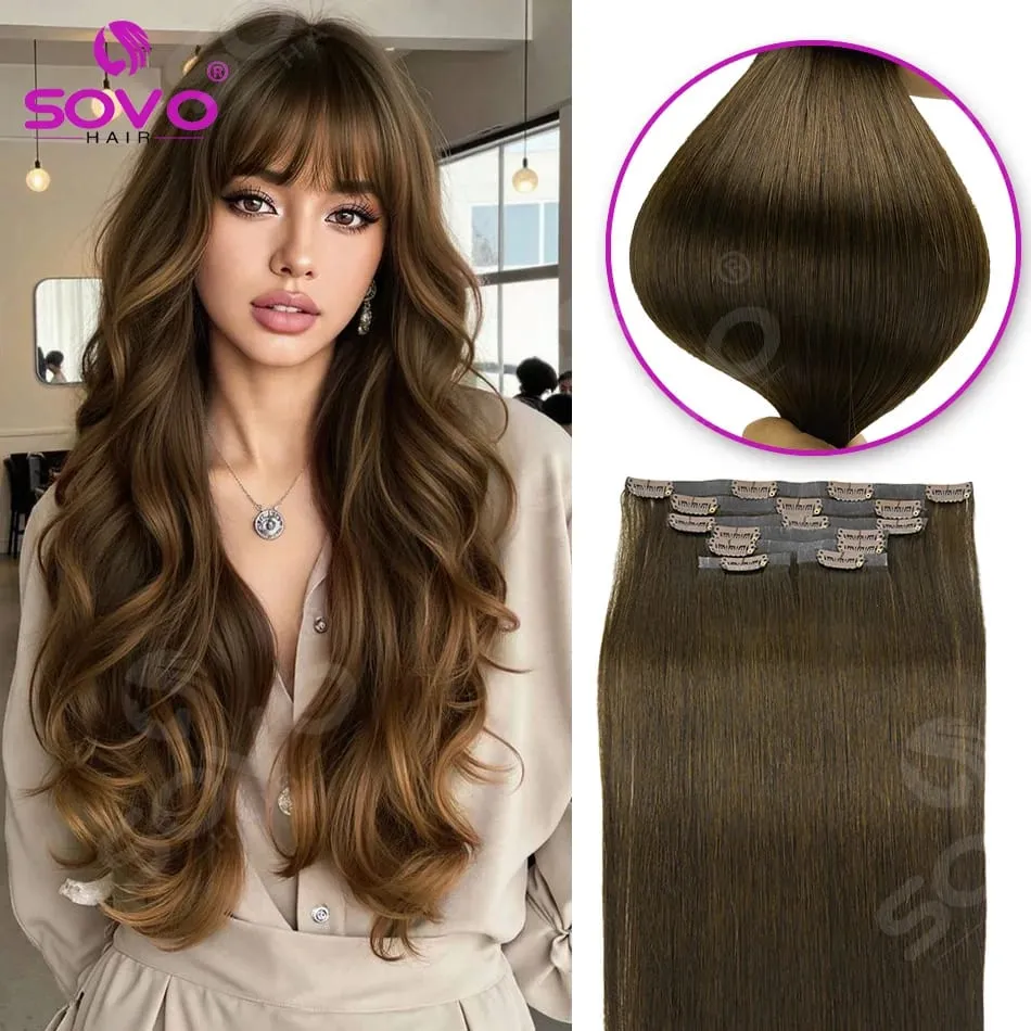 110G Tape PU Clip In Hair Premium Remy Clip In Human Hair Extensions 7pcs Clip-on Hair 14"-24" Balayage Ombre Mocha Brown Black — image 1