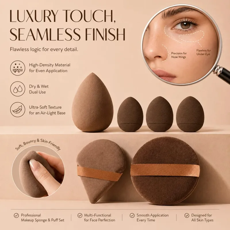 12dílná sada štětců na make-up se 6 plochými a kulatými štětci a 6 houbičkami na podkladovou pudrovou tvářenku a oční stíny