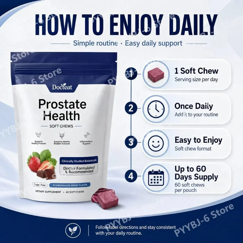 Docteat Prostate Health Soft Chews 60 Count Sugar-Free Pomegranate-Berry Flavor Daily Support with Reishi Extract Zinc Vitamin C — image 5