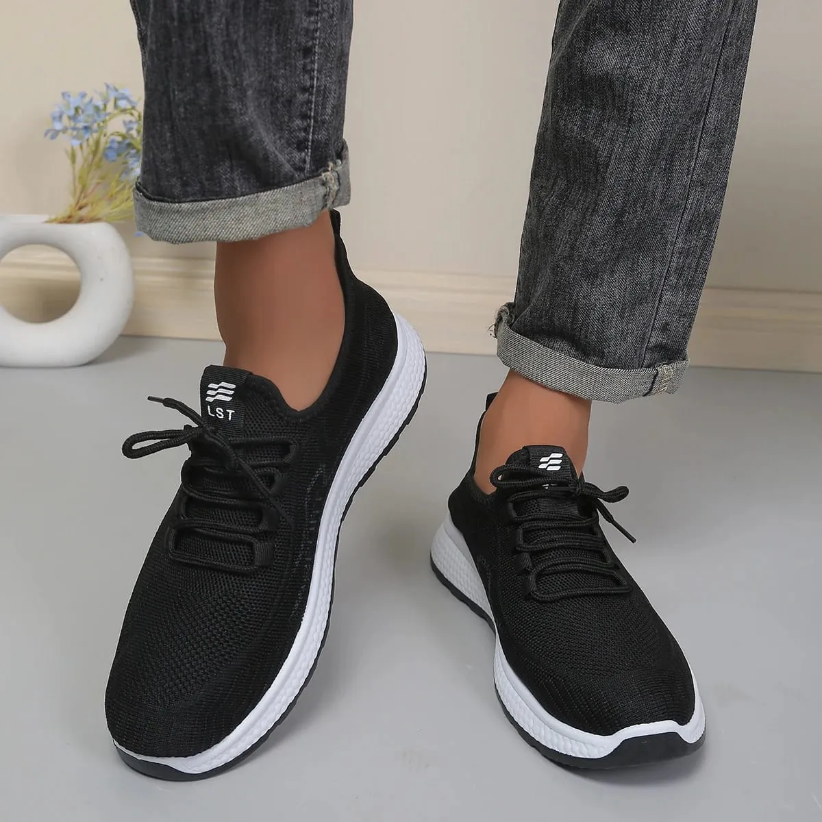 Minimal Solid Hue Men Mesh Lace-Up Footwear Fine Hollow Perforated Knit Upper Bump Carved Black Outsole Versatile Trainer — image 4