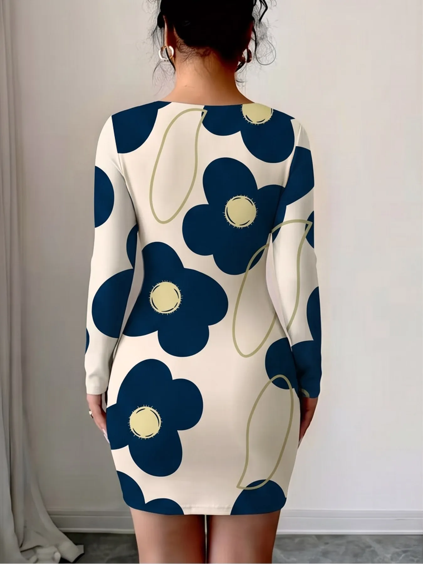 Women's Casual Comfortable Slanted Shoulder Collar Dress with Flower Print Long Sleeves Waist Bag Hip Mini Skirt Length — image 2