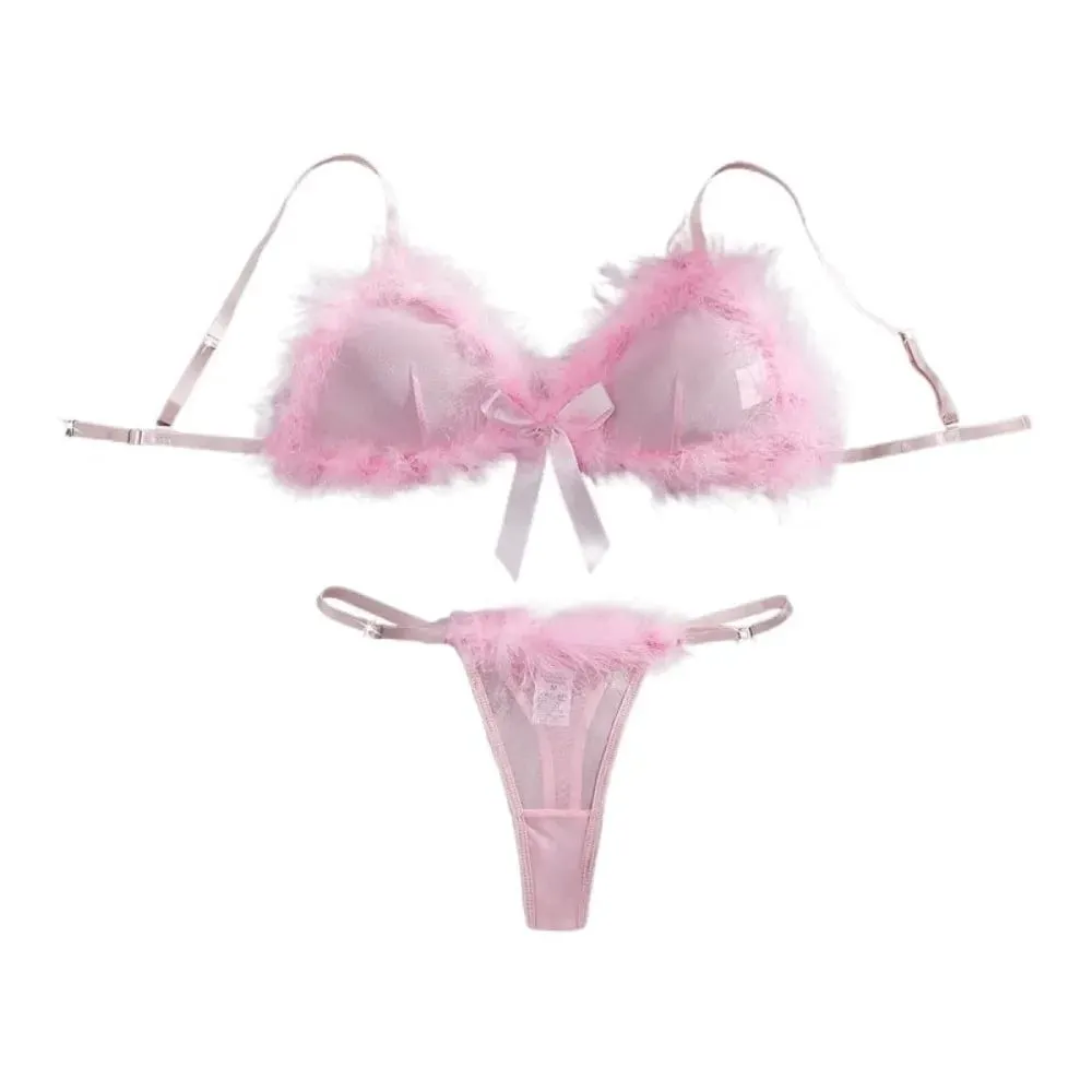 Furry Women's Underwear Mesh Transparent Wireless Lingerie Set Bow Decor Romantic Intimate Bra Panties Suit Anniversary