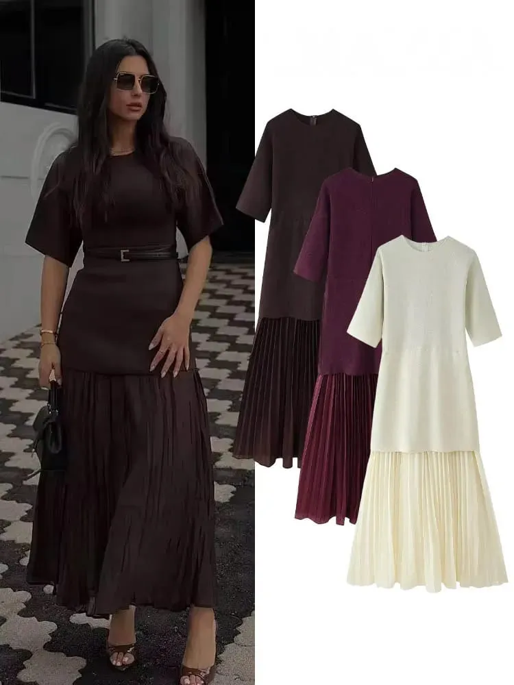 HH Mulheres Elegantes Meia Mangas Gola O Vestido Plissado Primavera Mulher Zíper Traseiro Emenda Vintage Casual Malha Vestido Longo — image 3